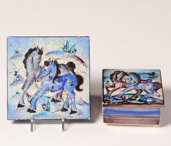 Appraisal: French Deco ceramic tile and lidded box both with horse