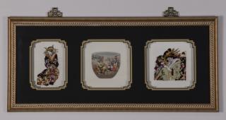 Appraisal: Three framed Asian embroideries in shadowbox Group of three embroidered