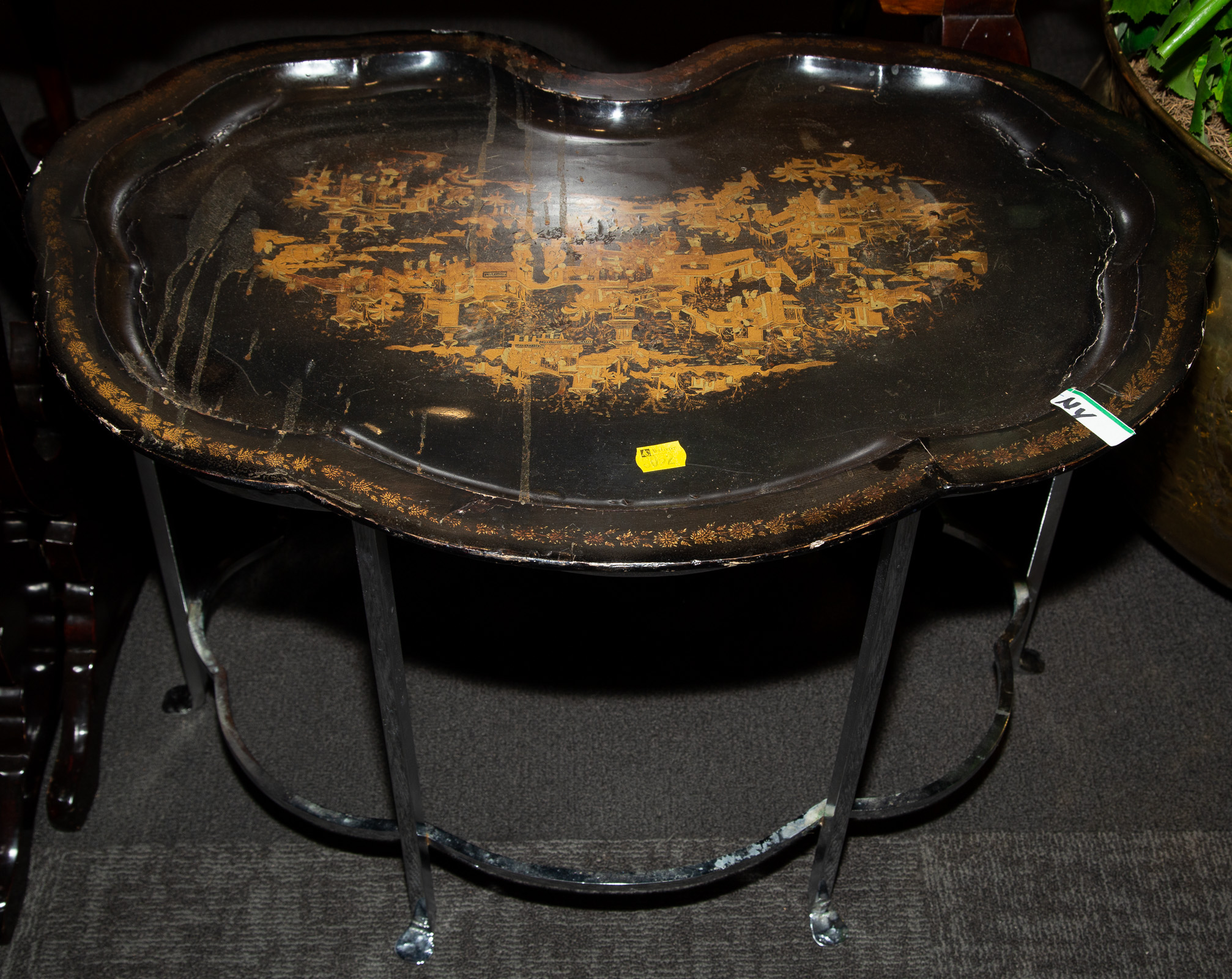 Appraisal: ANTIQUE CHINESE LACQUER TRAY ON CHROME STAND Comprising a mushroom