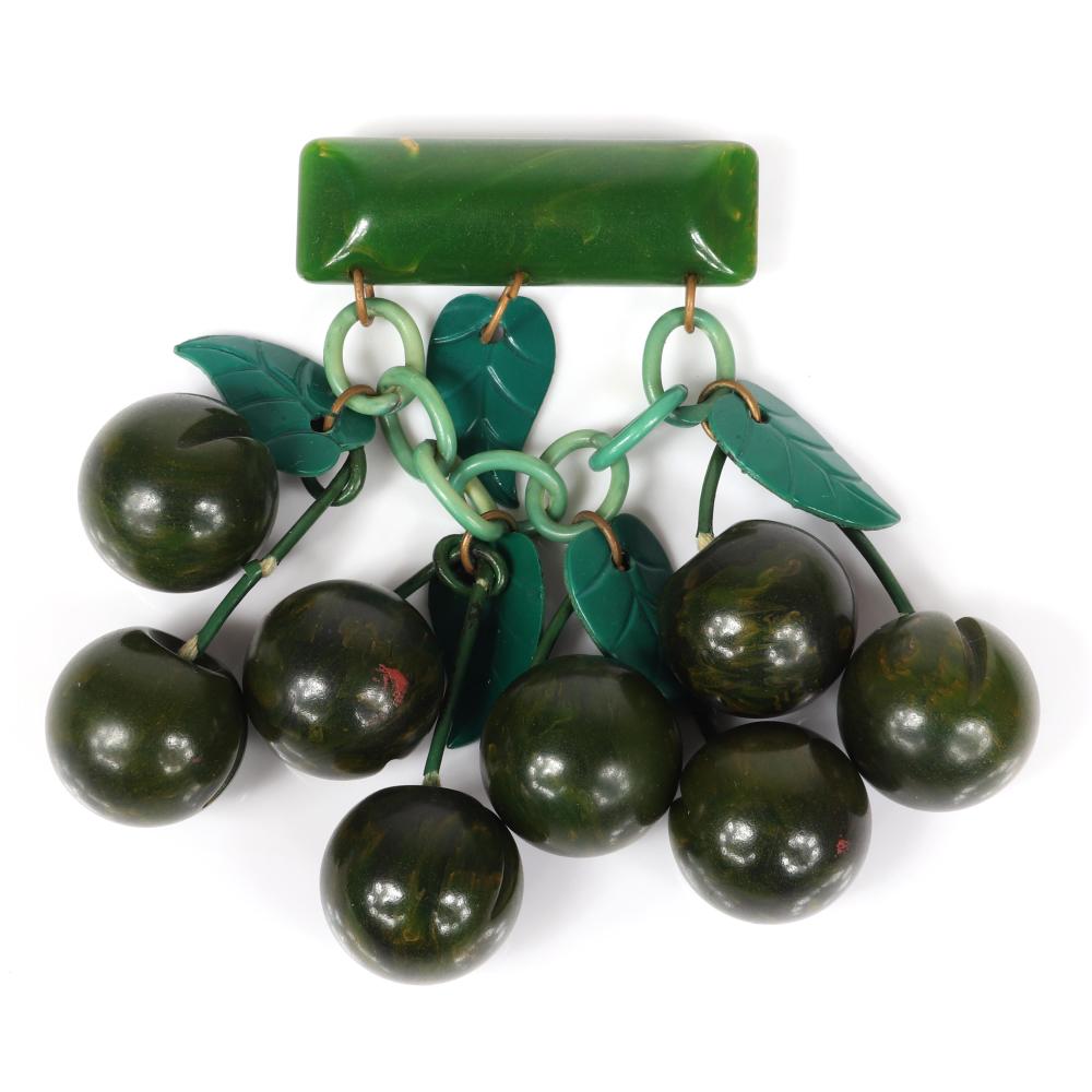 Appraisal: VINTAGE BAKELITE MARBLED GREEN CHERRY FRUIT DANGLE BROOCH WITH CARVED