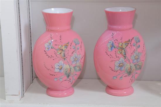 Appraisal: PAIR OF ART GLASS VASES Milk glass cased in pink