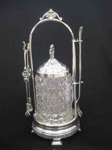 Appraisal: Victorian Silverplate Pickle Castor diamond block insert with tongs fork