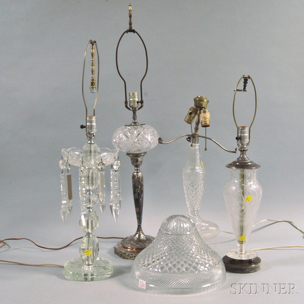 Appraisal: Four Glass Lamps a lustre with cut prism pendants one