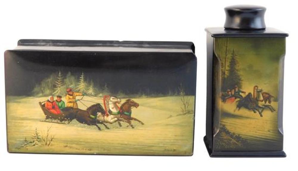 Appraisal: Russian hand-painted lacquer boxes two older pieces including unusual tall