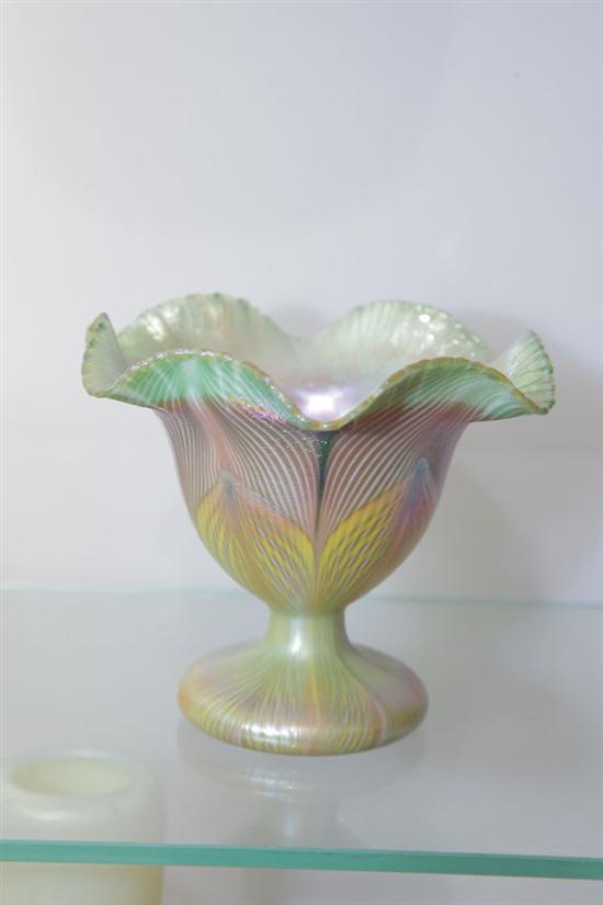 Appraisal: QUEZEL COMPOTE VASE Footed floriform vase with green gold and