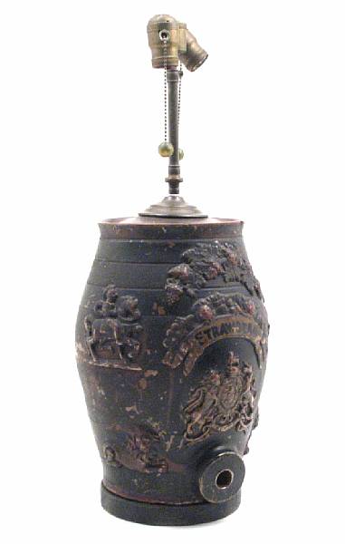 Appraisal: A glazed redware armorial decorated cold water barrel now mounted