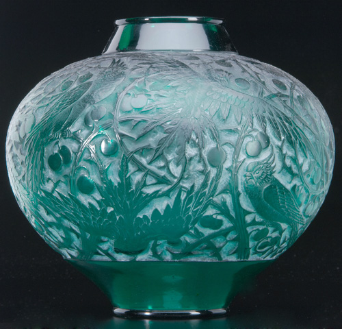 Appraisal: R LALIQUE Vase Aras deep emerald green c M p