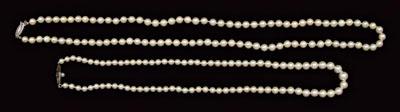 Appraisal: Two cultured pearl necklaces one with round slightly pinkish-white cultured