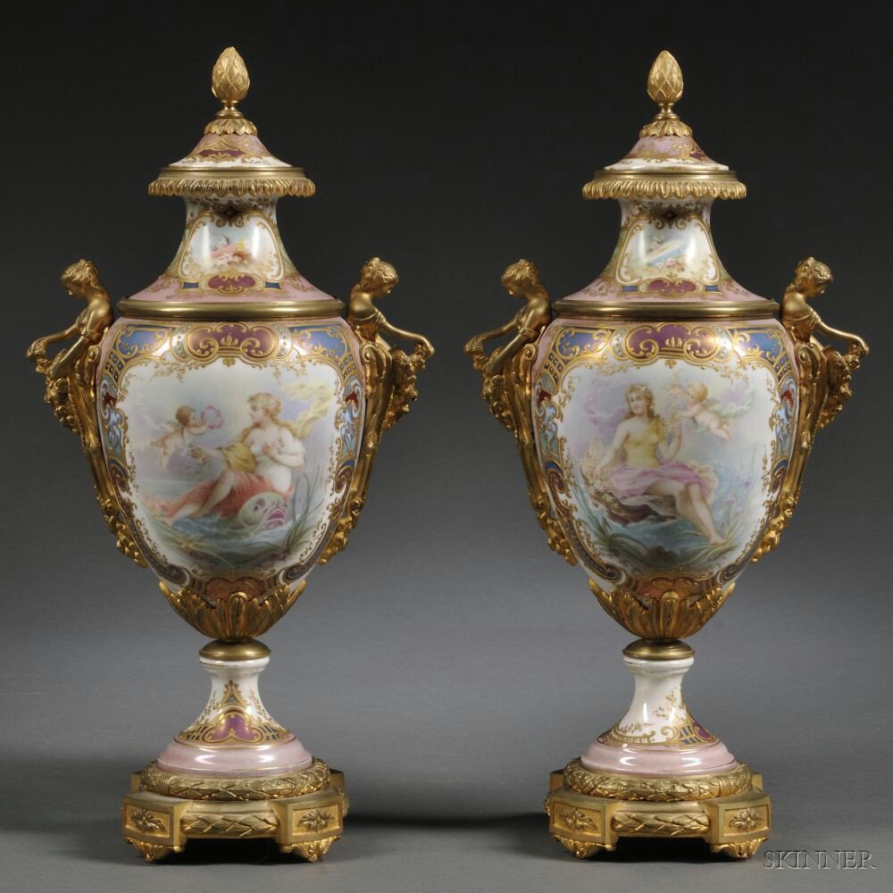 Appraisal: Pair of Gilt-bronze-mounted Sevres Porcelain Urns and Covers France c