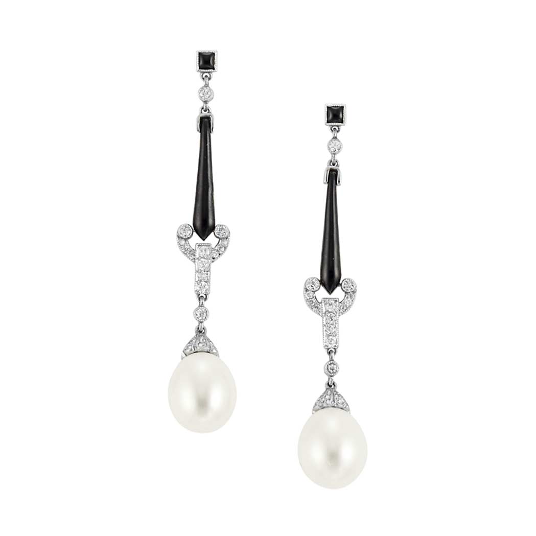 Appraisal: Pair of Platinum Diamond Black Enamel and Cultured Pearl Pendant-Earrings