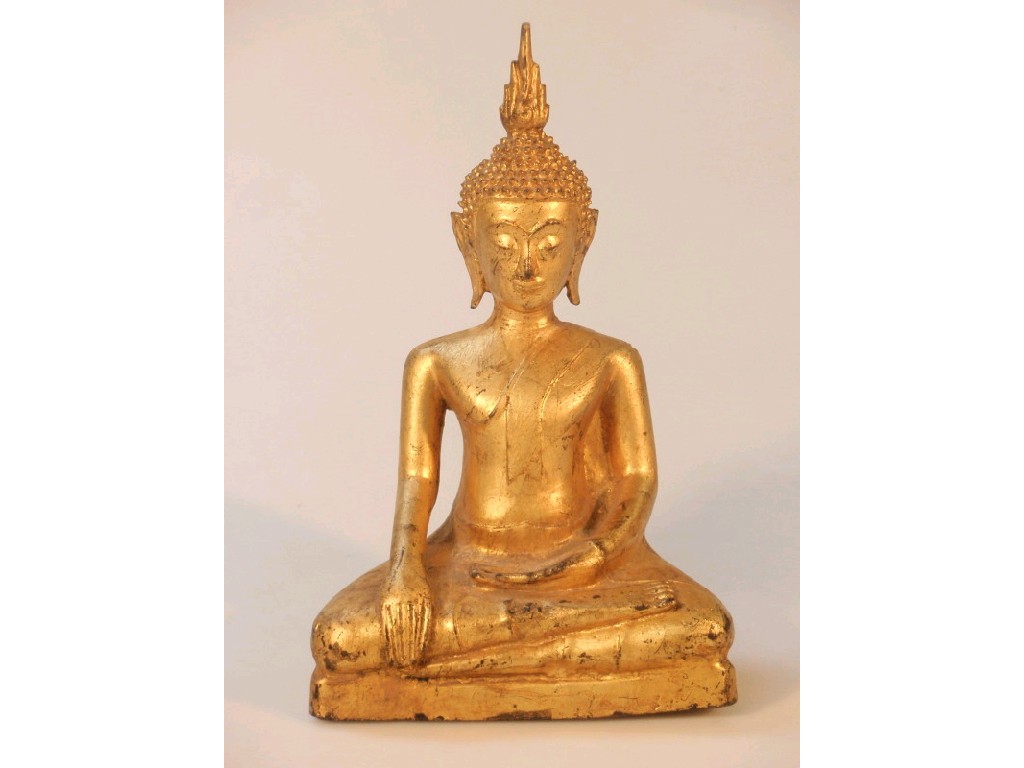 Appraisal: A Thai gilt bronze figure of seated Buddha cm high