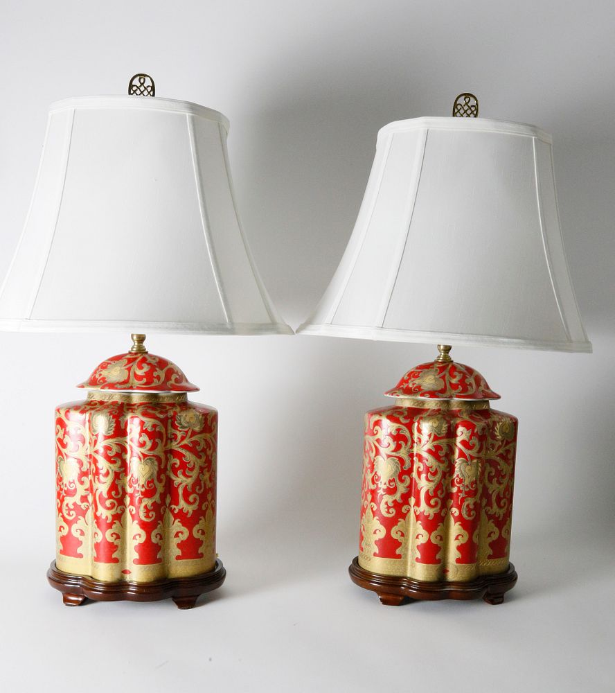 Appraisal: Pair of Chinese Red Glazed Porcelain Lamps Pair of Chinese