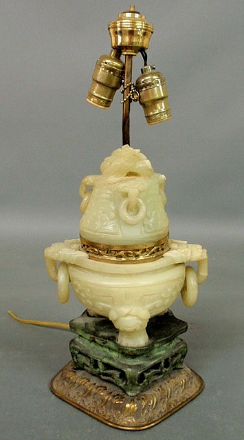 Appraisal: Caved jade table lamp with a brass base h jade