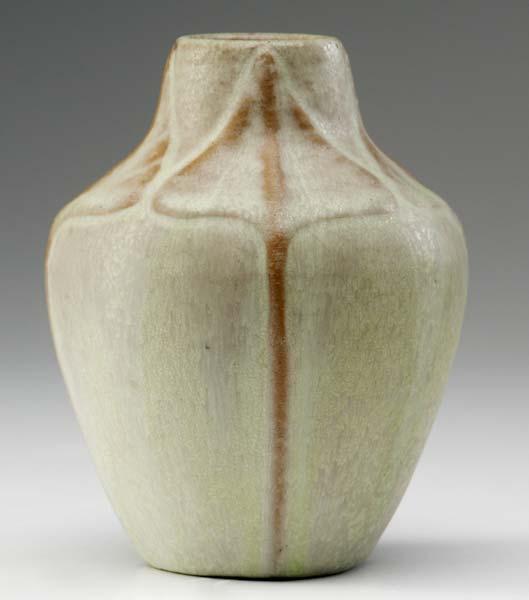 Appraisal: VAN BRIGGLE Bulbous vase embossed with pointed leaves in sheer