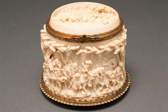 Appraisal: Continental gilt-metal-mounted figural carved ivory trinket box late th century