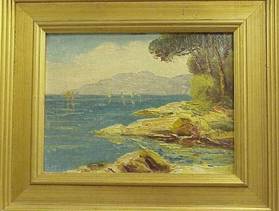 Appraisal: Unsigned oil on artist board shoreline with small sailboats in