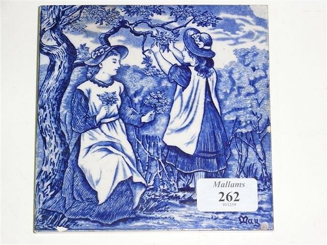 Appraisal: THREE MINTON TILES blue and white depicting women picking flowers