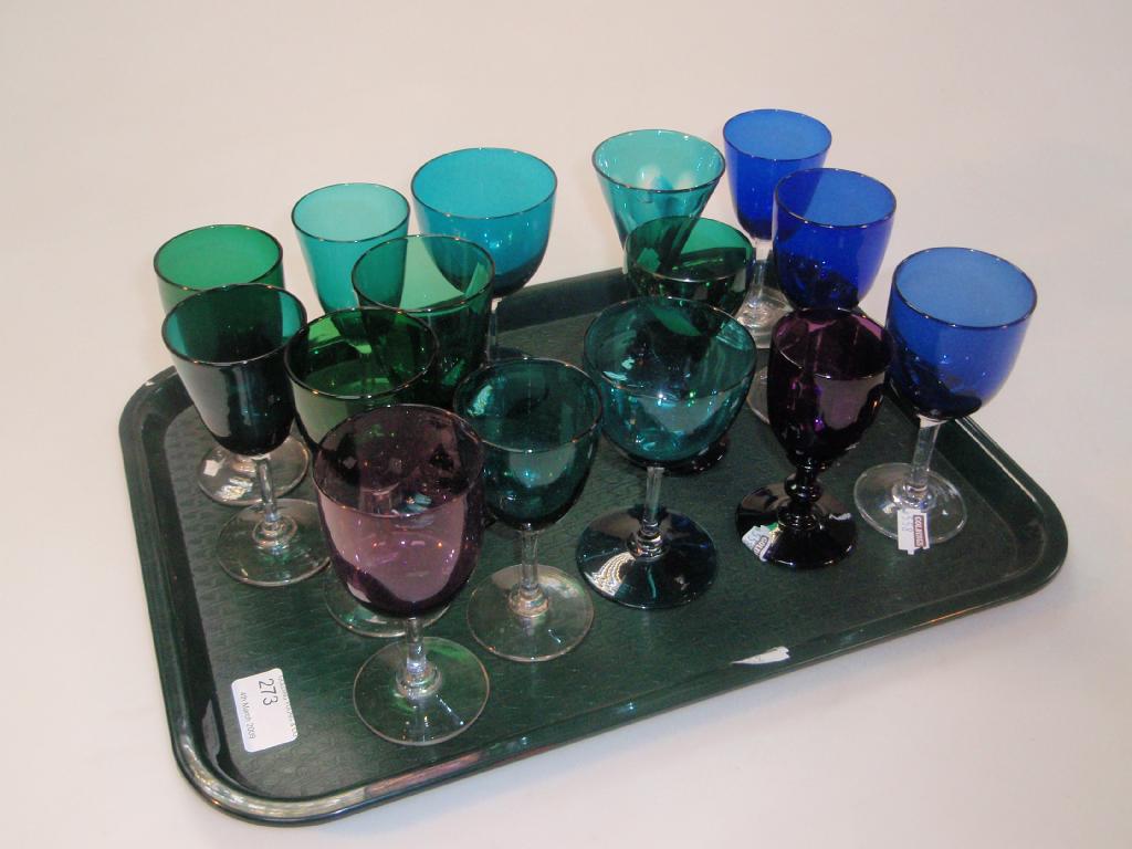 Appraisal: A quantity of Victorian wine glasses in greens turquoise blue