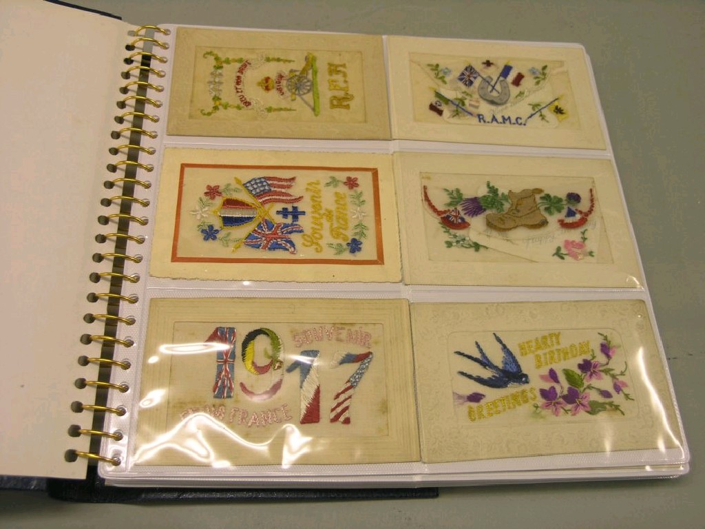 Appraisal: A postcard album containing eighteen World War embroidered cards some