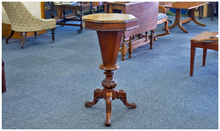 Appraisal: Victorian Walnut Work Table The Hinged Top With Fitted Interior