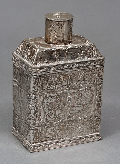 Appraisal: A DUTCH SILVER TEA CADDY chased with figures in scrolled