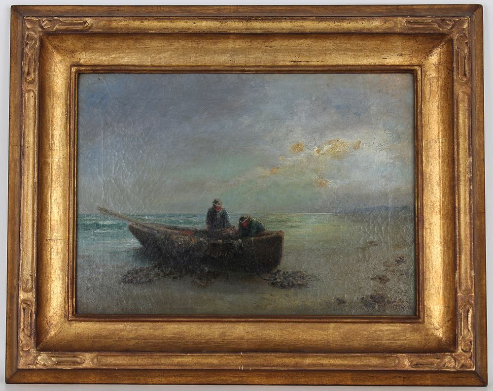 Appraisal: Signed th C Painting of Fishermen Near Shore Signed th