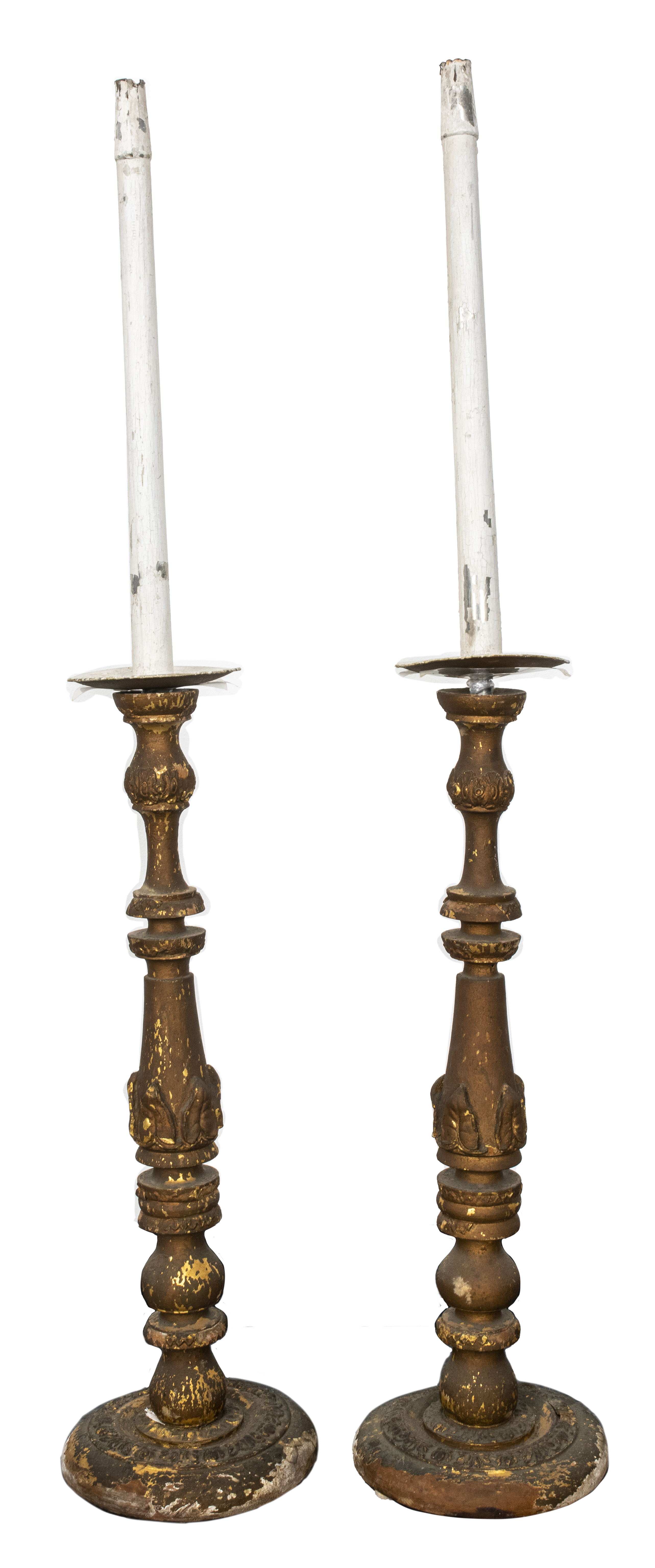 Appraisal: LARGE ITALIAN CARVED WOODEN CANDLESTICKS PAIR Pair of large Italian