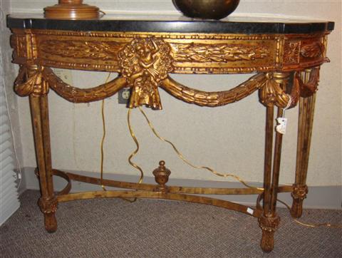 Appraisal: REGENCY STYLE GOLD PAINTED AND FAUX MARBLE TOP DEMI-LUNE TABLE