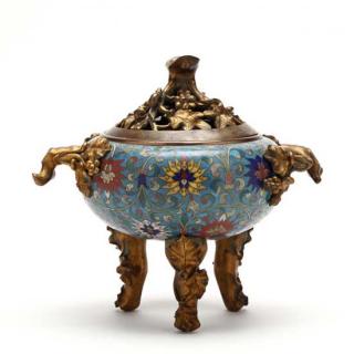 Appraisal: Covered Cloisonne Tripod Censer th or th century blue enamel