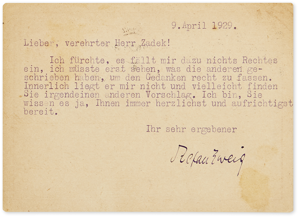 Appraisal: ZWEIG STEFAN Typed Postcard Signed to Berliner Tageblatt Editor Walter