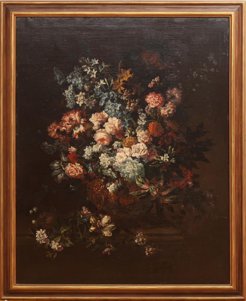 Appraisal: EUROPEAN SCHOOL STILL LIFE WITH FLOWERS Oil on canvas unsigned