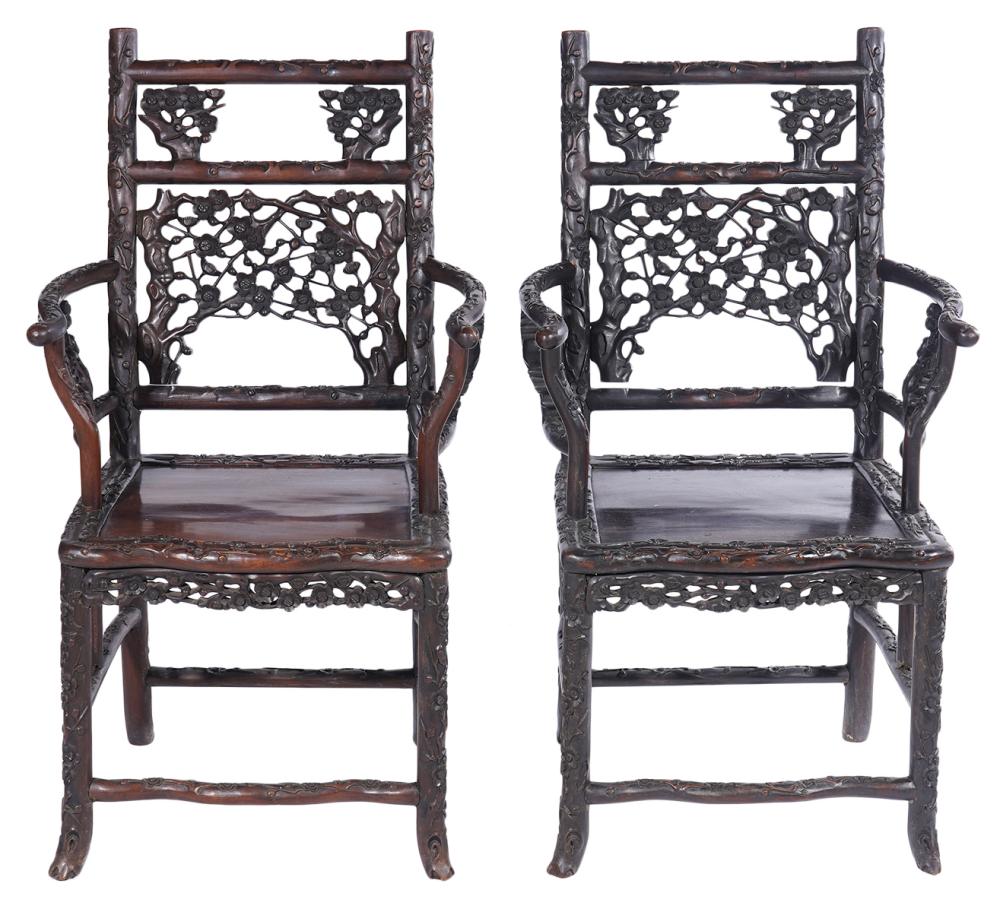 Appraisal: PR CHINESE HARDWOOD HAND CARVED CHAIRSPair of Chinese hardwood chairs