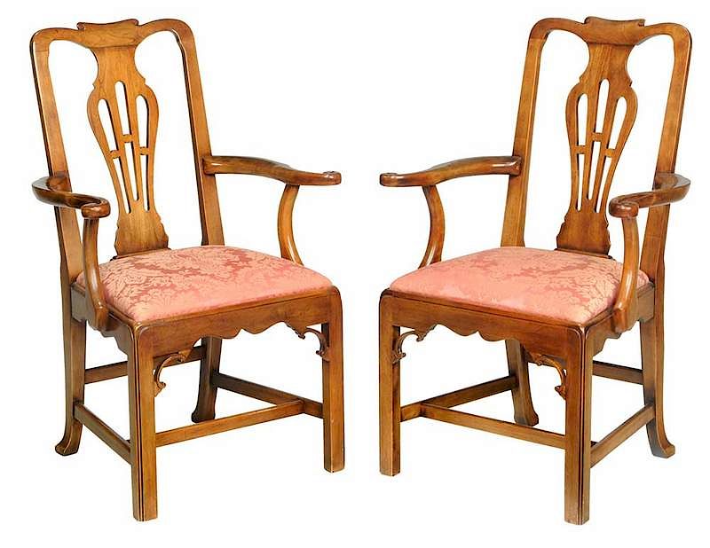 Appraisal: Pair Chippendale Style Fruitwood Open Armchairs American label for Statton