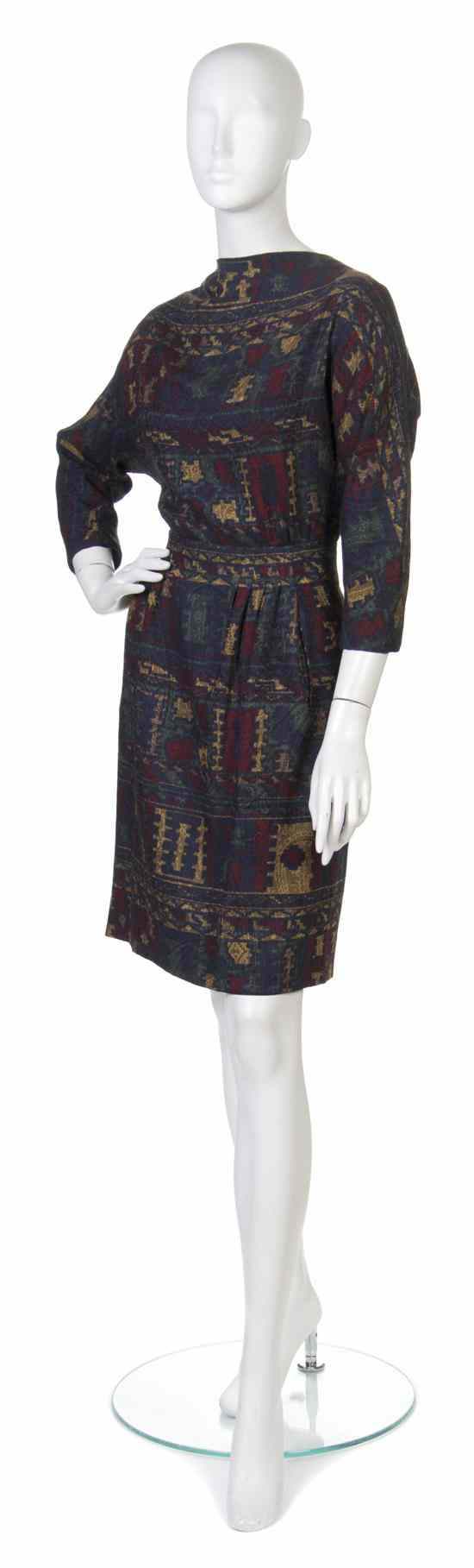 Appraisal: A Pauline Trigere Multicolor Wool Dress three quarter length sleeves