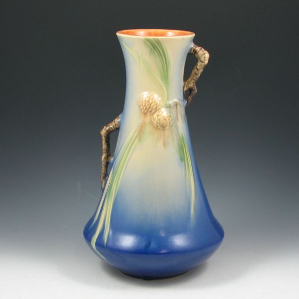 Appraisal: Roseville Pine Cone vase in blue with branch handles Marked