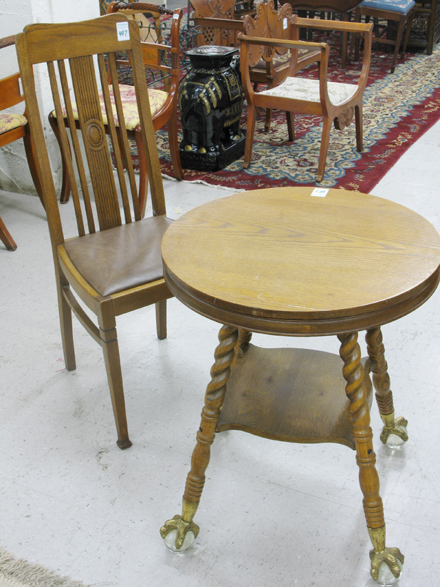 Appraisal: OAK SIDE CHAIR AND LAMP TABLE Belgian side chair with