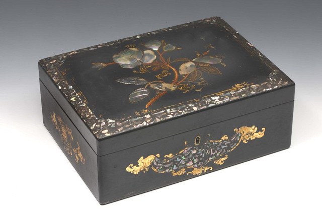 Appraisal: A VICTORIAN BLACK LACQUERED SEWING BOX of rectangular form with