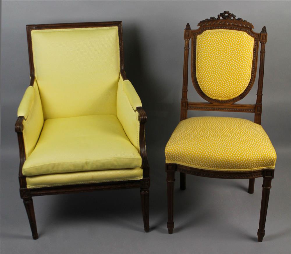 Appraisal: LOUIS XVI BERGERE TOGETHER WITH A LOUIS XVI STYLE SIDECHAIR