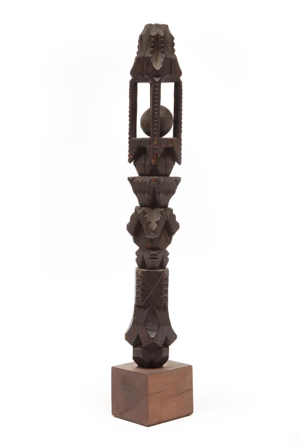 Appraisal: African Carved Wood Totem-Form Rattle incised geometric designs h in