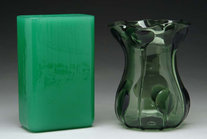 Appraisal: TWO ART GLASS VASES Steuben green jade rectangular vase SIZE