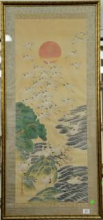 Appraisal: Oriental framed scroll oil on silk of cranes flying in