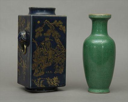 Appraisal: Chinese Blue-Ground Vase with Gilt Decoration Together with a green