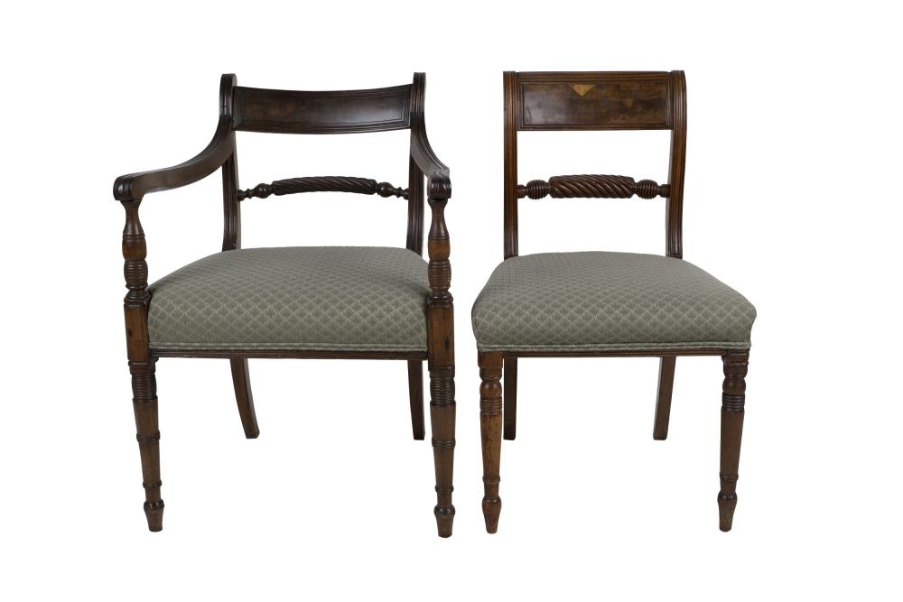 Appraisal: FIVE REGENCY MAHOGANY DINING CHAIRScomprising a single armchair and four