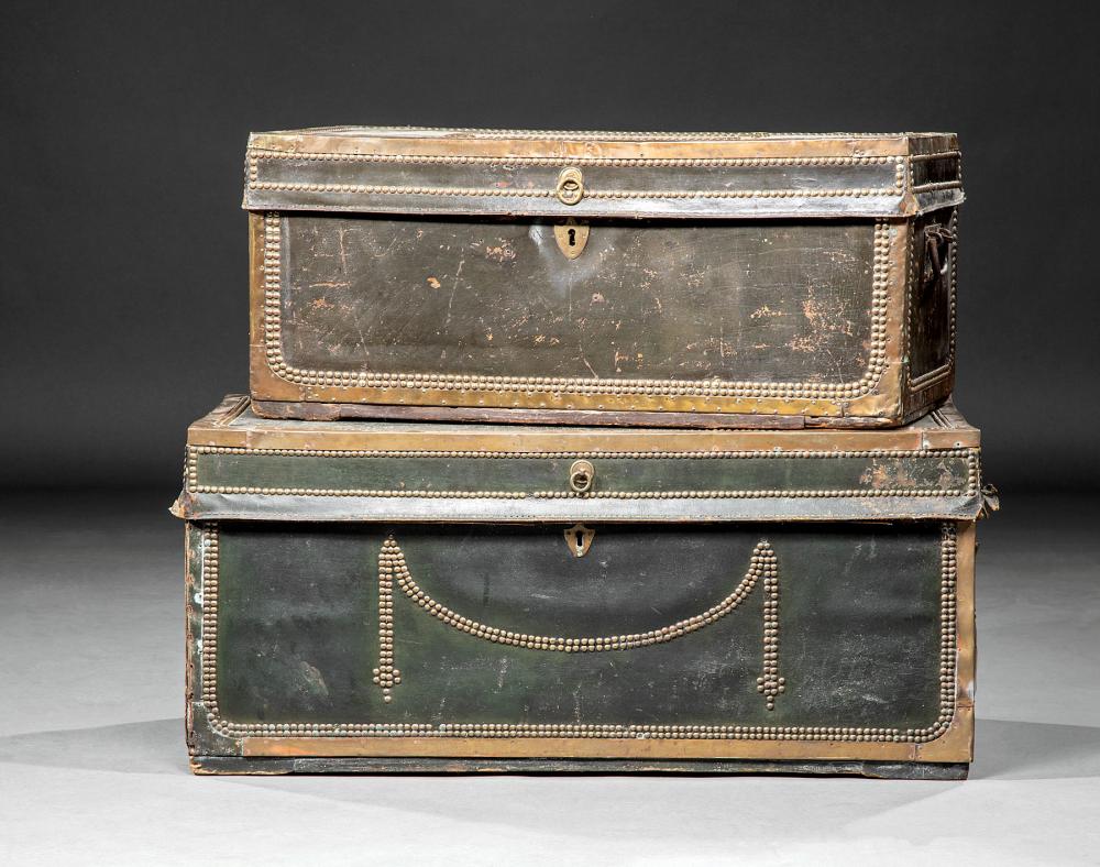 Appraisal: Two Antique English Copper and Brass-Mounted Leather Trunks hinged top