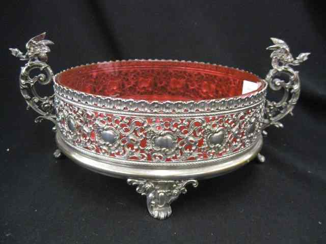 Appraisal: WMF Silverplate Bowl with Cranberry Glassinsert gryphon handles footed ''