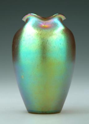 Appraisal: Art glass vase scalloped and pinched rim above iridescent blue