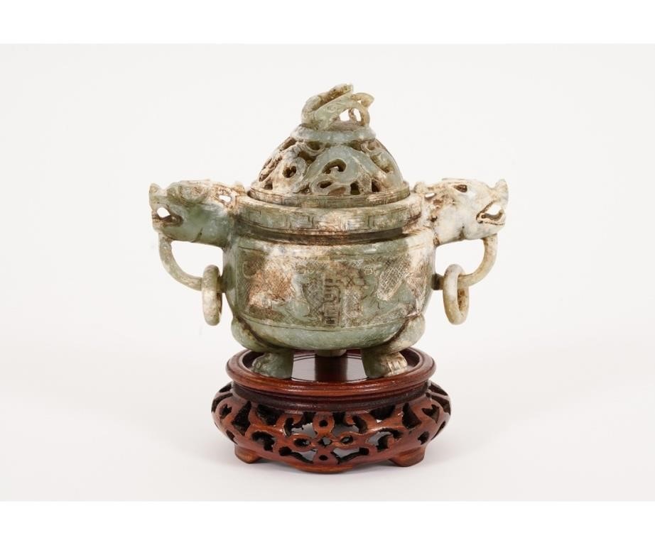 Appraisal: Early Chinese jade incense burner with Foo Dog handles and