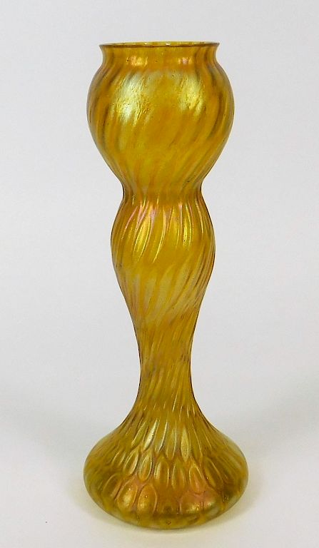 Appraisal: Rindskopf Iridescent Yellow Honeycomb Glass Vase Czechoslovakia th Century Elongated