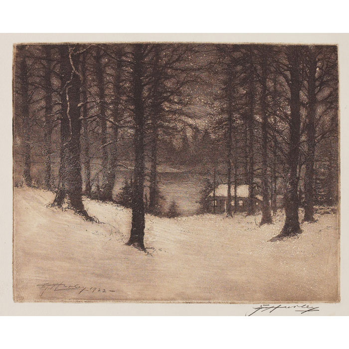 Appraisal: E T Hurley etching house by river s edge with