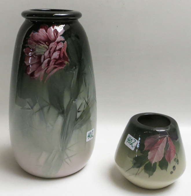 Appraisal: TWO WELLER EOCEAN ART POTTERY VASES The larger with colorful